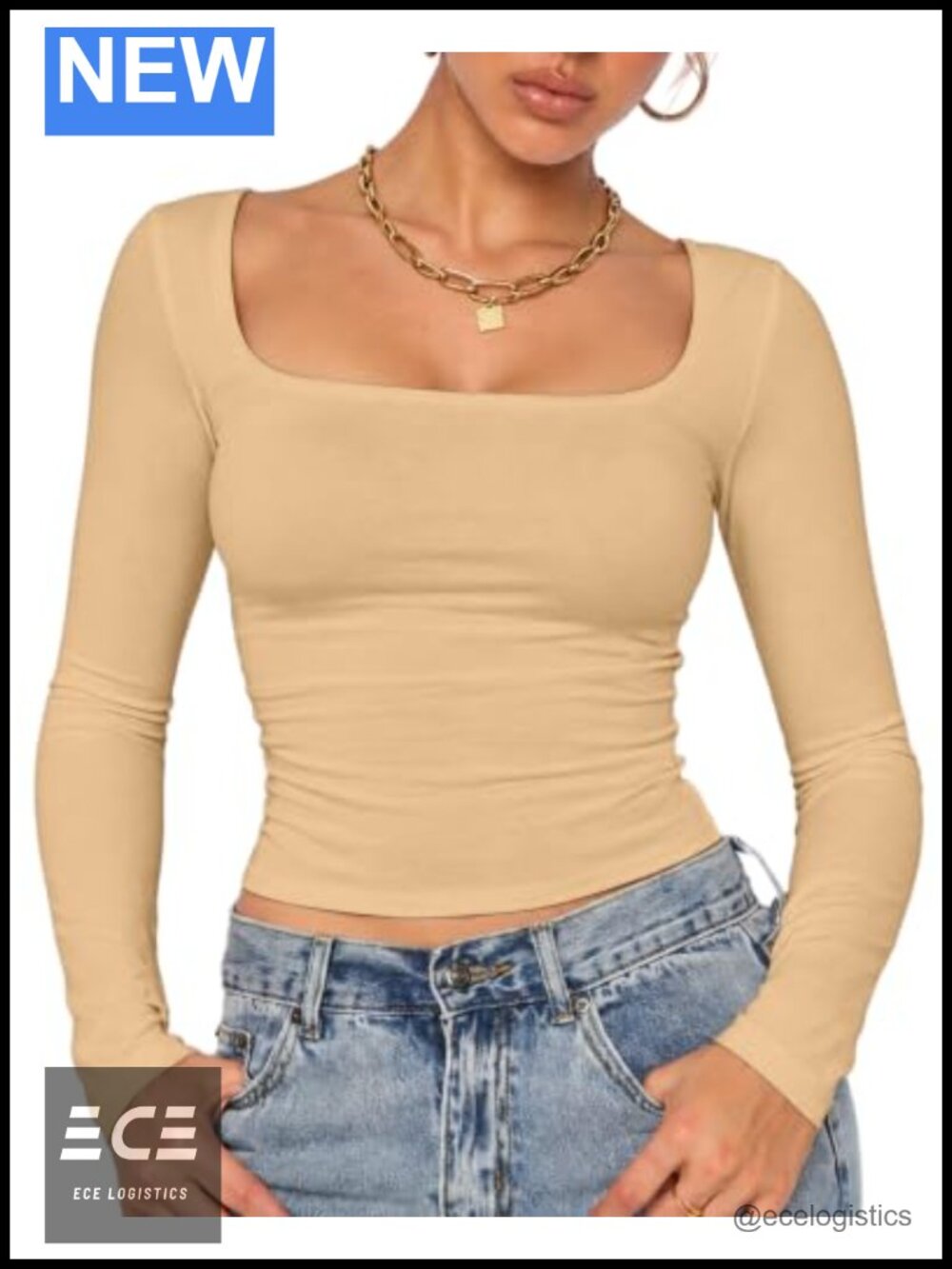 Women's Basic Long Sleeve Square Neck Double Lined Crop Top Slim Fit